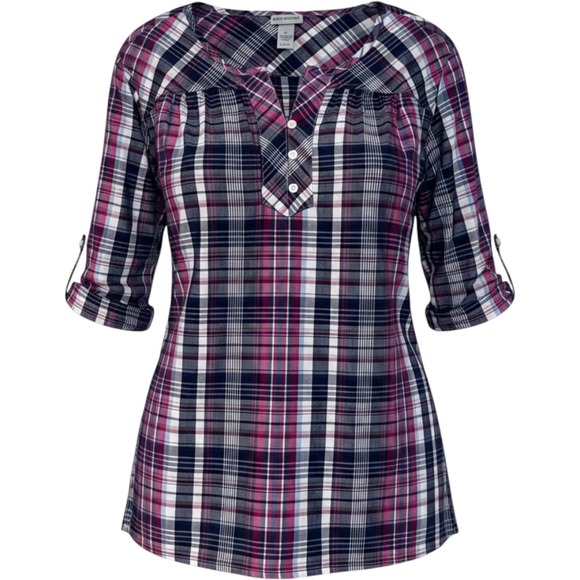 Catherines Tops - Catherines Womens 3X Plaid Henley Blouse Red Blue 3/4 Roll Tab Sleeve Top